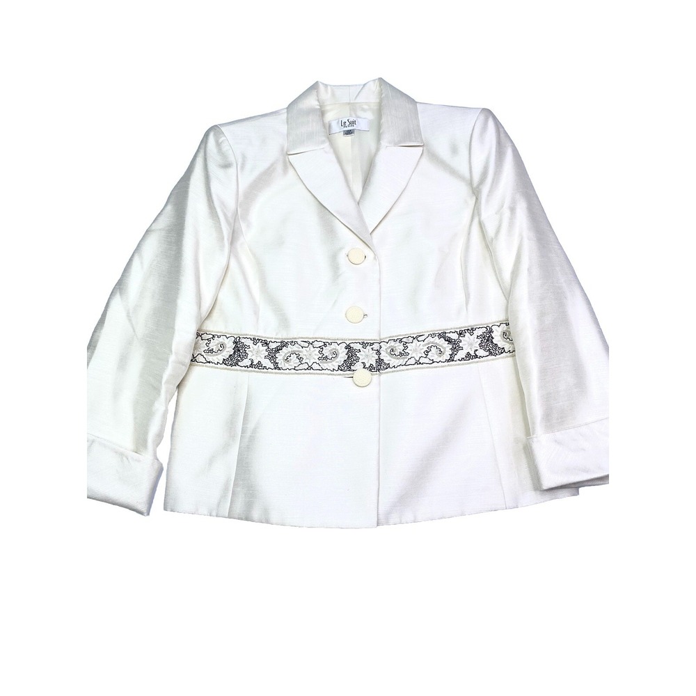 Le Suit Petite Ivory Blazer Jacket Beaded Embroidered Waist Cream Women 10P